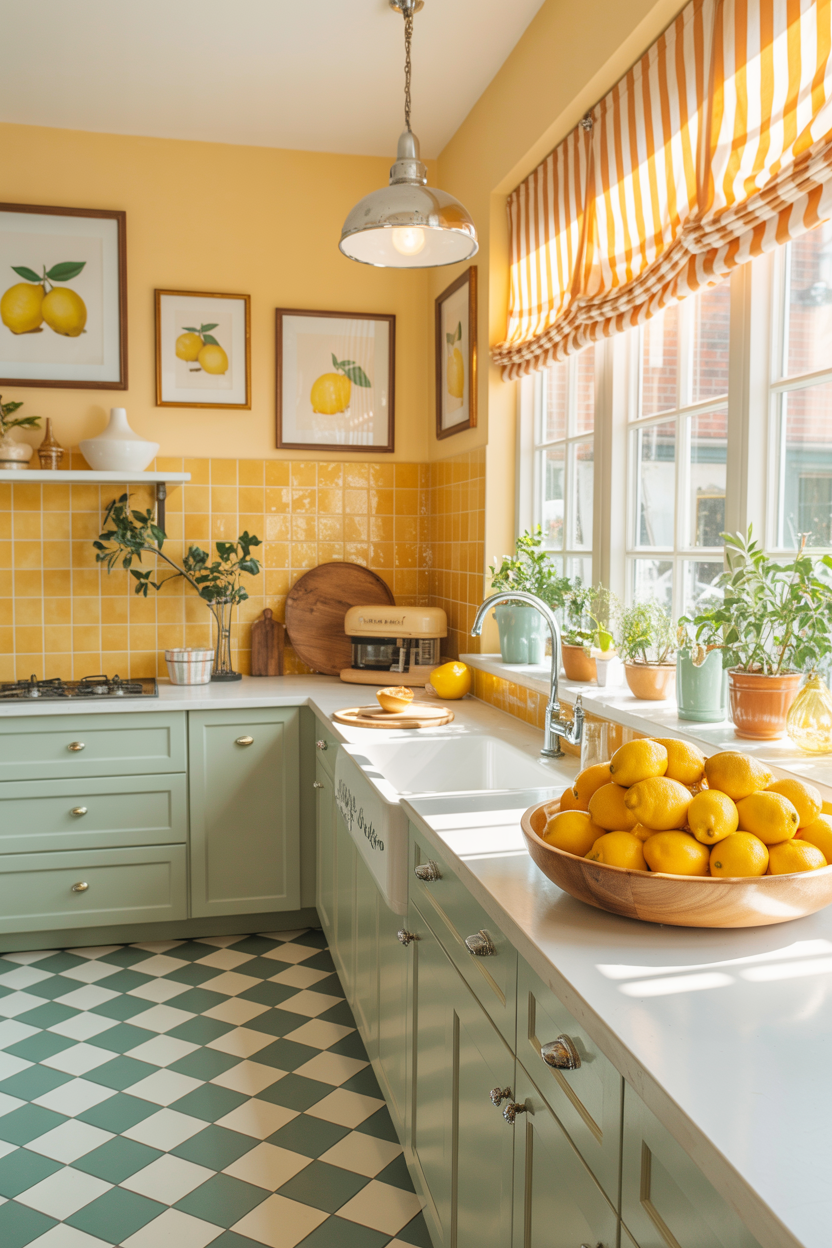 Citrus Cafe Burst: Cheerful Yellow, Checkerboard Floors, and Chrome