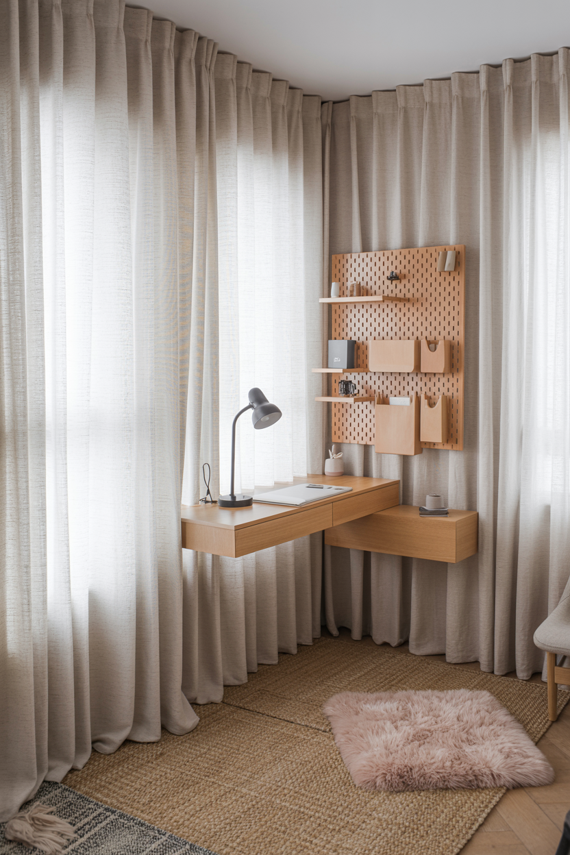 Scandinavian Studio Zone: Floor-To-Ceiling Curtains + Floating Desk