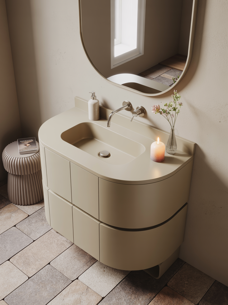 Space-Savvy Corner Vanity With Curves and Soft Neutrals
