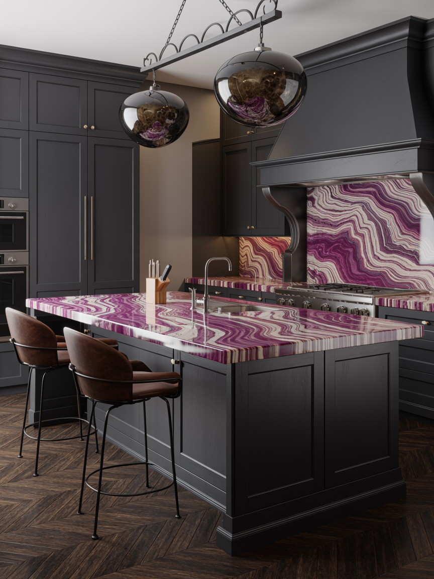 Moody Marble Luxe With a Chef’s Workhorse Island
