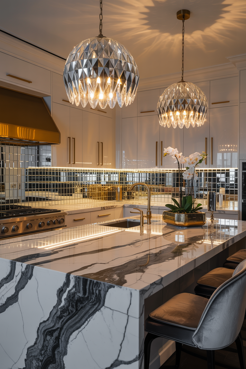 Glam Marble Moment With Crystal Pendants and Mirror Backsplash
