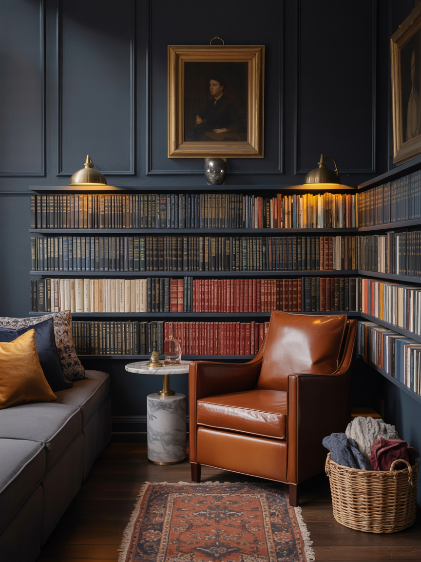 Moody Micro-Library: Ink Walls, Brass Lamps, and Bookish Charm