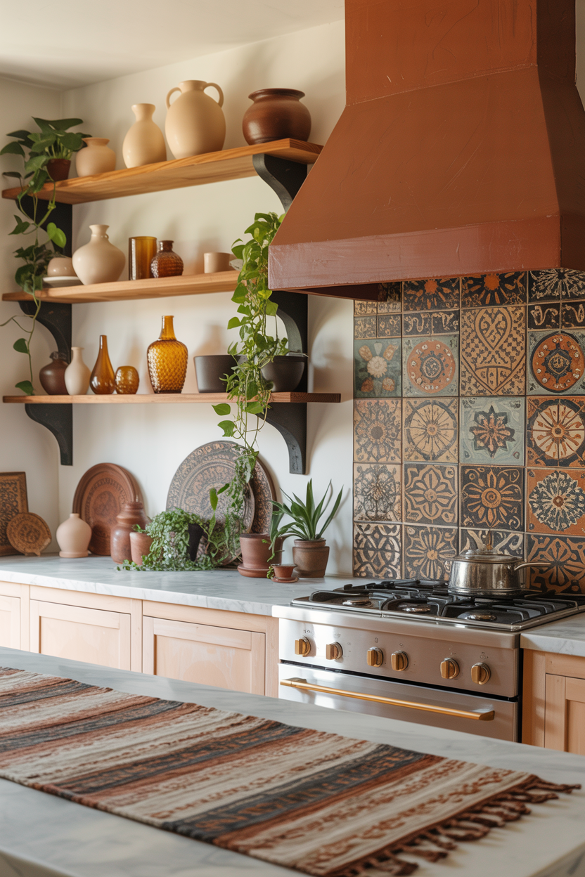 Boho Artist’s Kitchen: Terracotta Accents, Open Shelves, and Patterned Tile