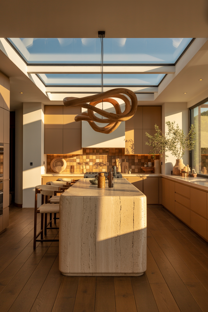 Natural Luxe With Skylights and Sculptural Wood Pendant