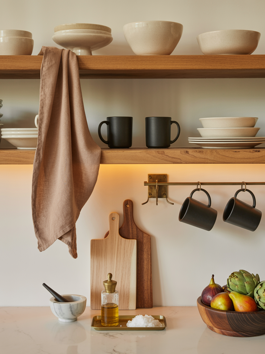 Cozy Minimal Kitchen Shelf Styling