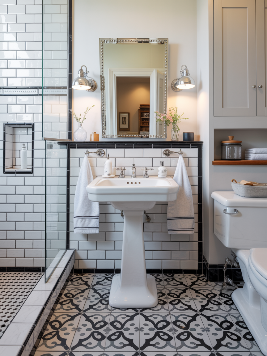 The Pattern-Forward Classic: Statement Floor + Soft White Walls