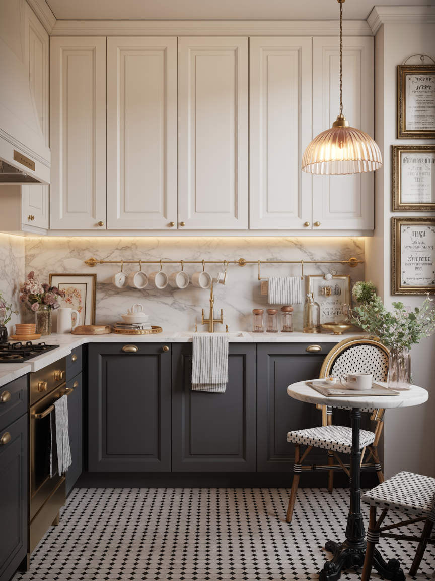 Parisian Bistro Chic: Black-and-White with Brass and Marble Touches