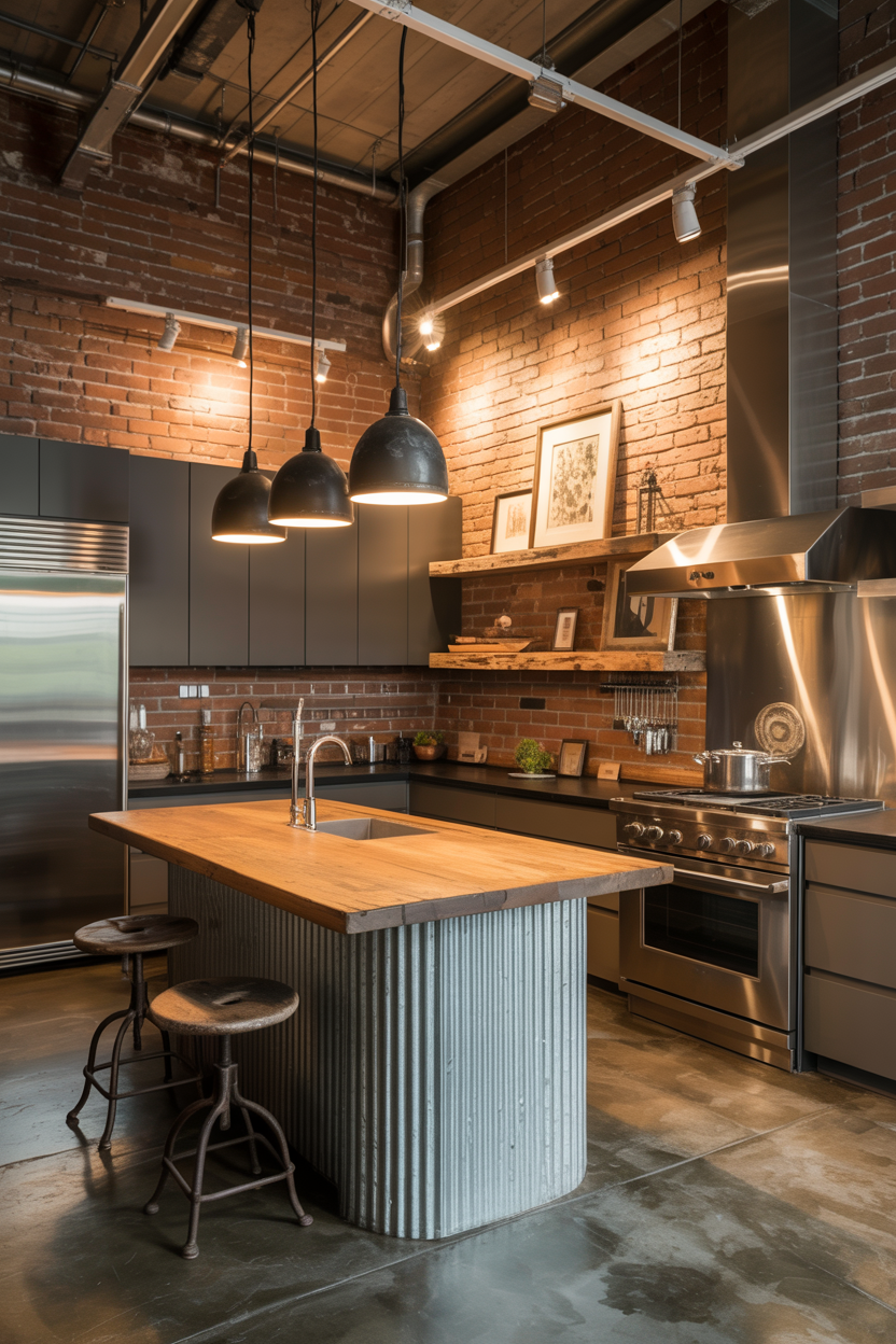 Industrial Loft With Caged Pendants and Track Lighting