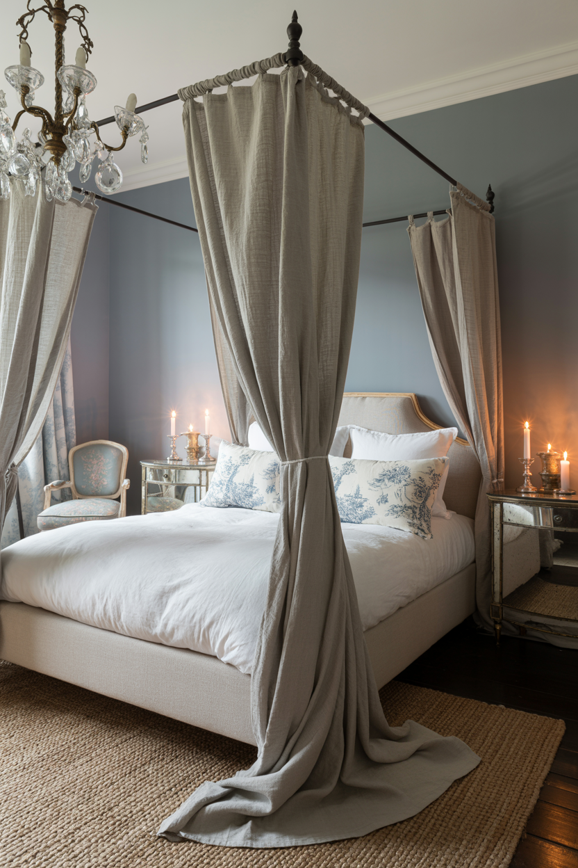 Romantic Bedroom With Canopy, Toile, and Aged Mirrors