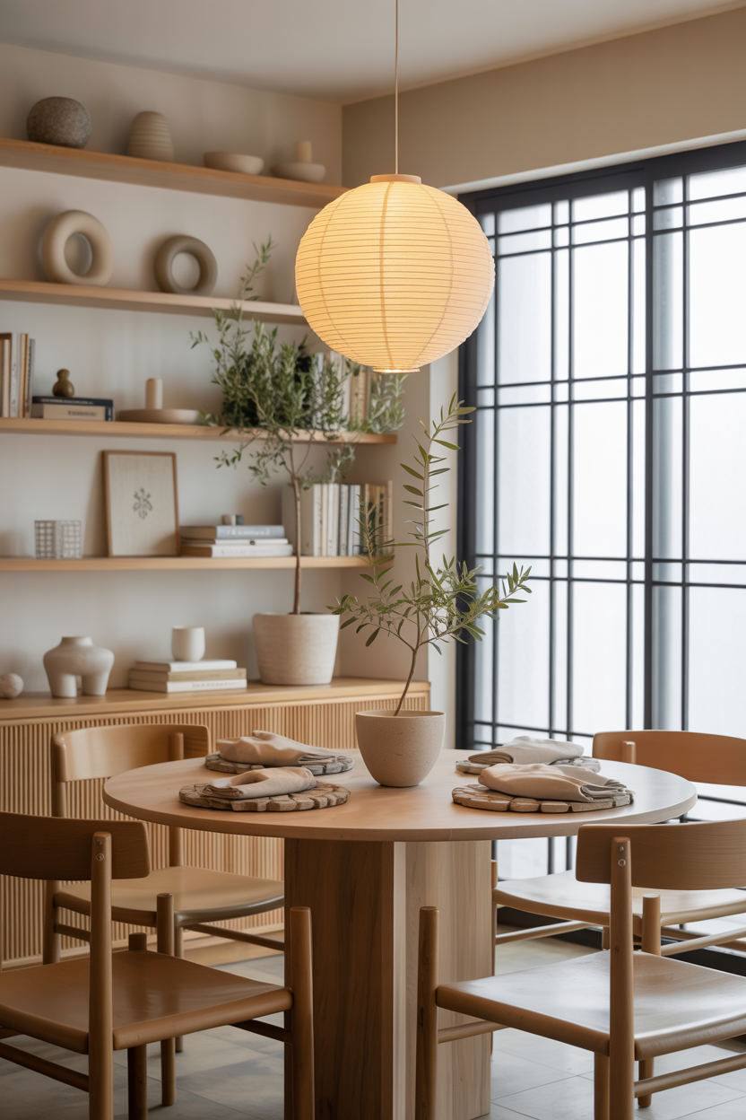 Japandi Dining Nook: Grid Shelving + Paper Lantern Glow