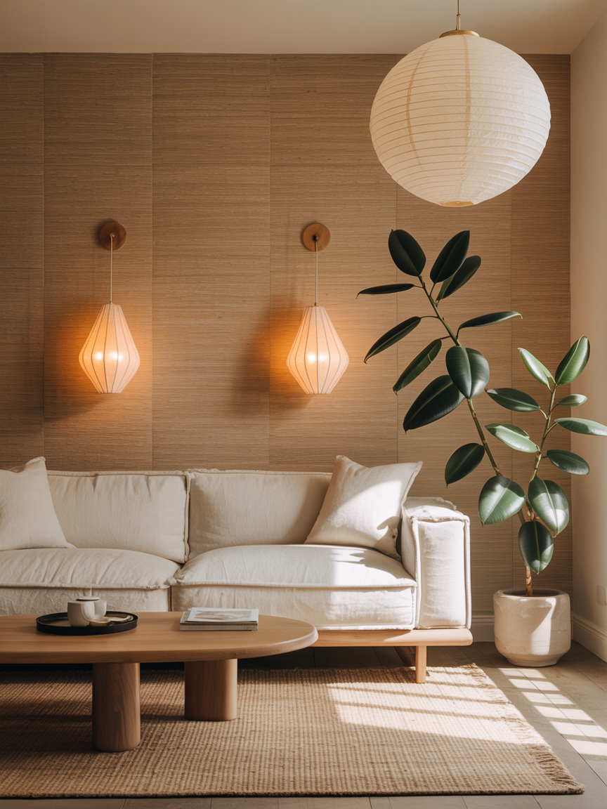Japandi Living Room With Layered Textures and Lighting