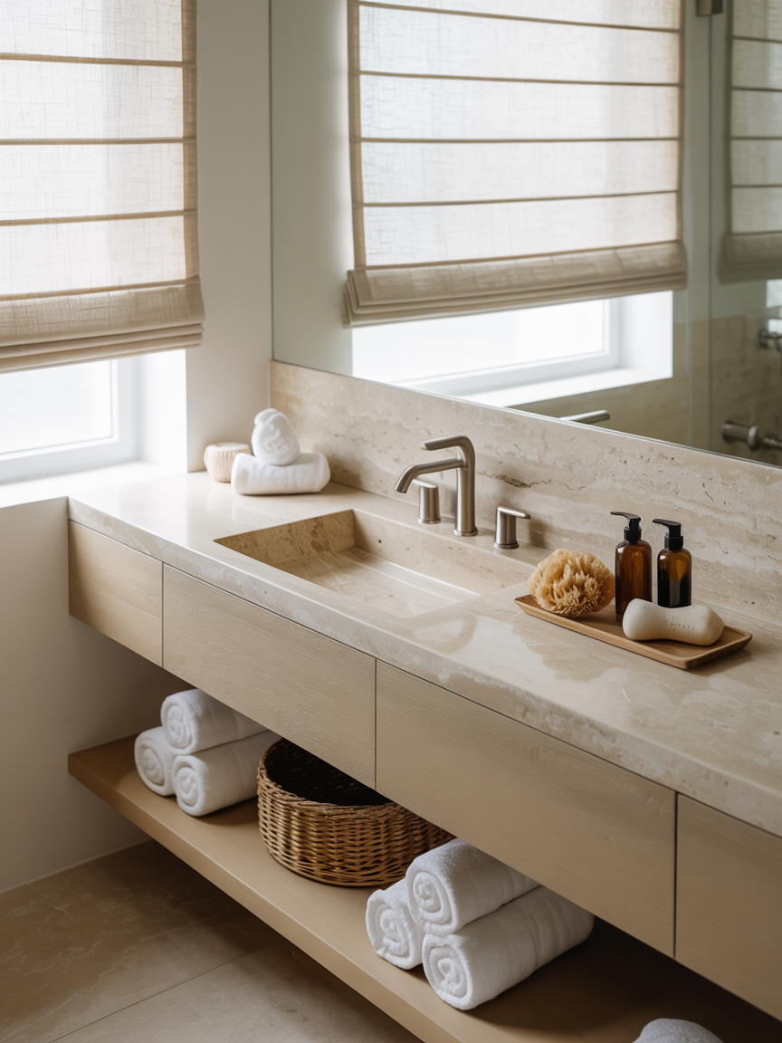 Spa-Calm Stone Slab With Open Shelf Storage