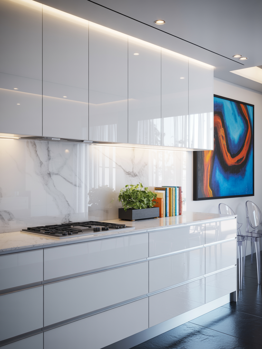 High-Gloss Gallery: Reflective Whites + Artful Pops