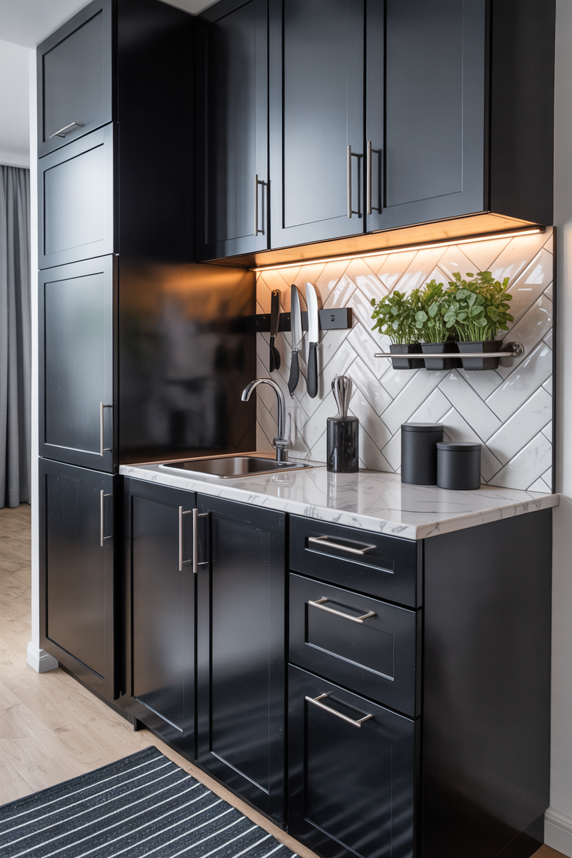 Sleek Black-And-White Kitchenette: Contact-Paper Counters + Magnetic Metals