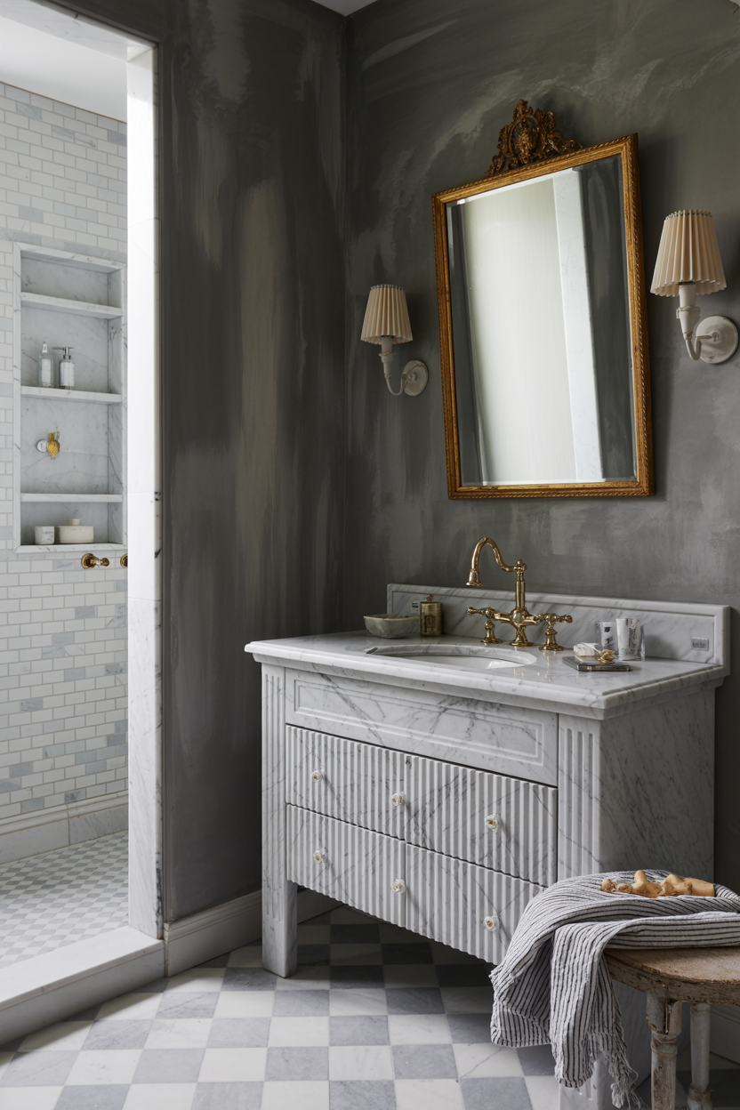 Charcoal-and-Chalk Bathroom With Marble and Fluted Details