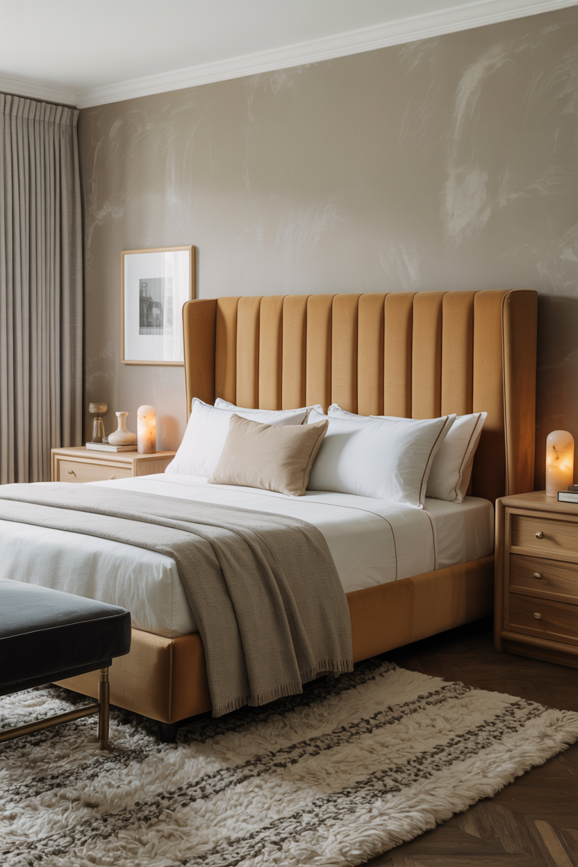 Tailored Camel Bedroom With Layered Neutrals