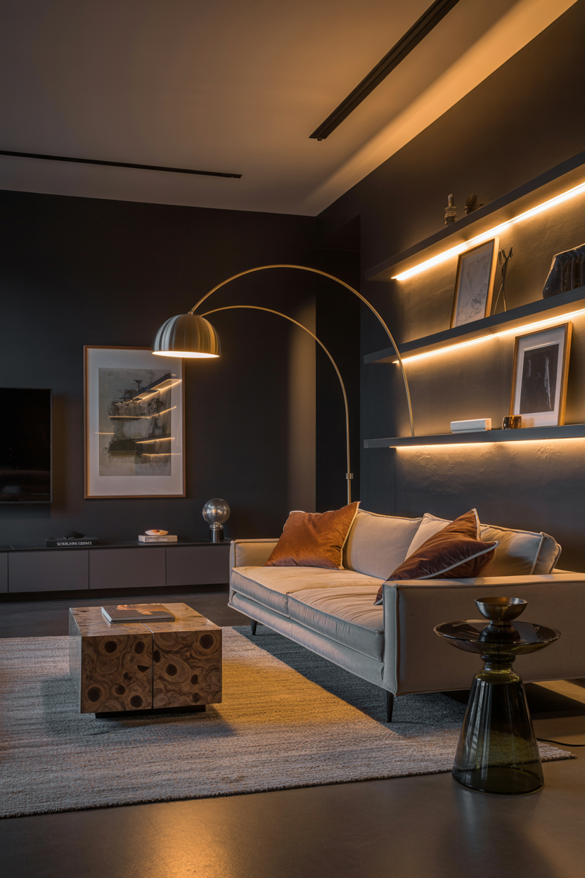 Moody Modern Lounge With Layered Lighting