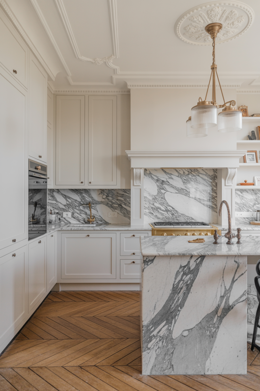 Parisian Chic: Crisp White With Mouldings and Marble Drama
