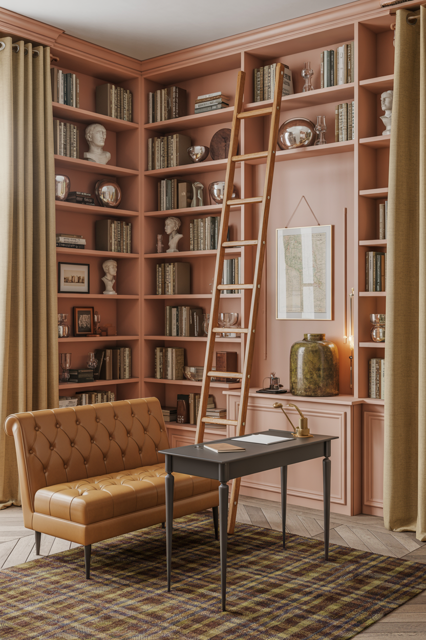 Studio-Style Library With Ladder, Plaid Wool, and Pewter Accents