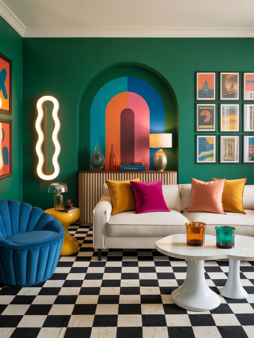 Eclectic Color Pop Living Room: Jewel Tones, Retro Curves, and Bold Art