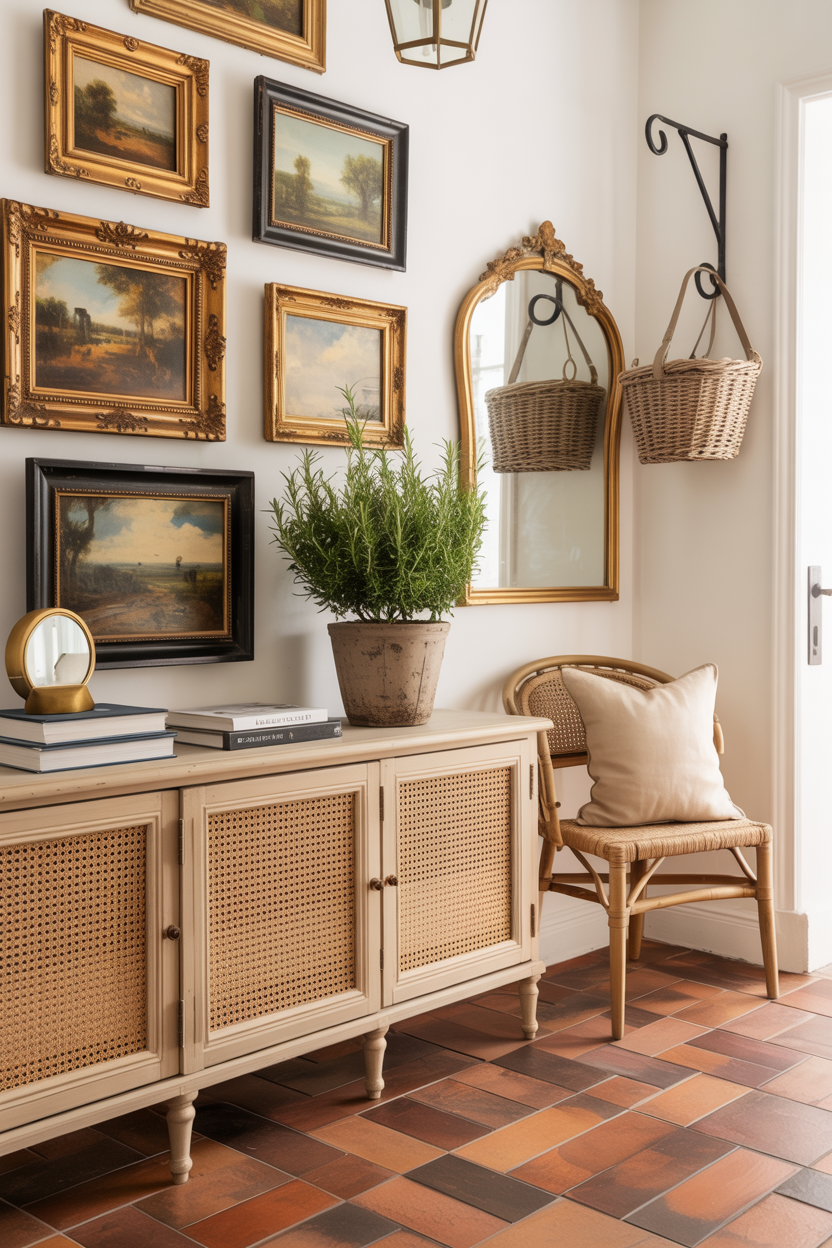 Breezy Entryway With Terracotta, Cane, and Vintage Art