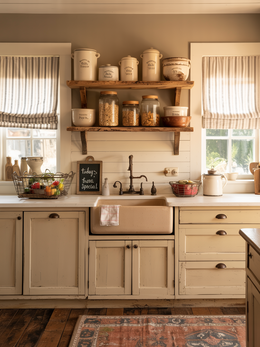 Rustic Farmhouse Revival: Creamy Cabinets and Vintage Charm