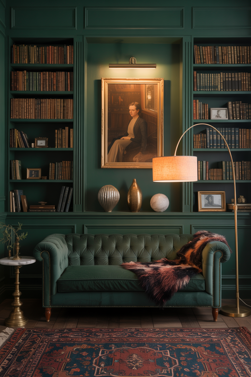 Moody Library Lounge With Dark Drama