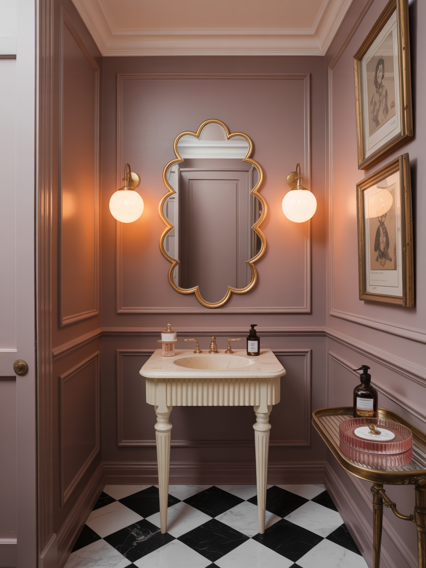 Dusty Rose Powder Room With Vintage Glam