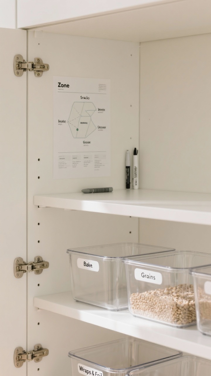 A closeup detail shot of the inside of a cabinet door showing a minimalist zone map cheat sheet and lightly labeled clear bins on the shelf: categories like “Snacks,” “Bake,” “Grains,” and “Wraps & Foil” in simple, modern font. Nearby, a small trio of labels and a marker imply easy maintenance. Soft, indirect daylight; clean white shelves; transparent bins serving as visual labels. Mood: low-effort, sustainable order, photorealistic.