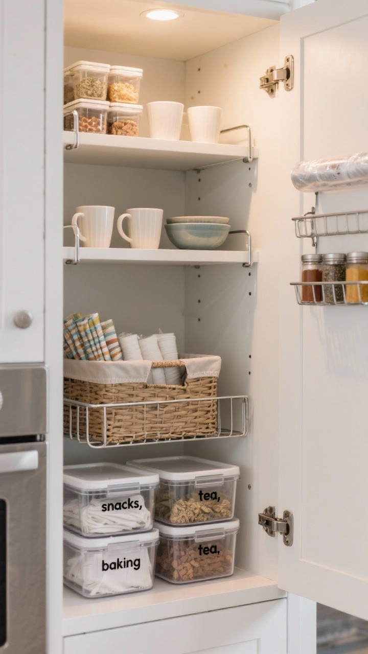 A closeup, straight-on cabinet interior showing maximized vertical space: white shelves with metal shelf risers holding bowls and short mugs on two levels; an under-shelf basket neatly storing wraps and napkins; stackable clear bins labeled “snacks,” “tea,” and “baking” with easy pull-out handles; a slim door-mounted rack holding spices and plastic wrap. Place lesser-used items on the top shelf and daily-use items at eye level. Soft, even cabinet lighting highlights layers and textures. Mood: cleverly expanded, photorealistic.