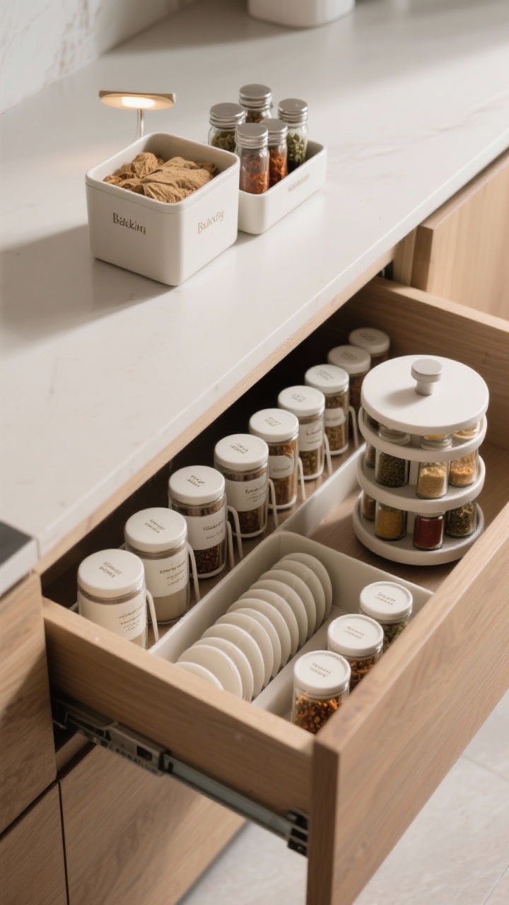 A detailed overhead shot of a drawer dedicated to food storage and spices: nested container bases sorted by size, with all lids filed upright in a narrow rack; a consistent, matching container system for a clean look; a tiered spice rack and a small lazy Susan holding uniform spice jars labeled on top. Separate mini-groups: baking spices near a baking bin, savory spices near a cooking caddy. Subtle shadows from overhead task lighting, clean wood drawer base. Mood: minimalist, precise, photorealistic.