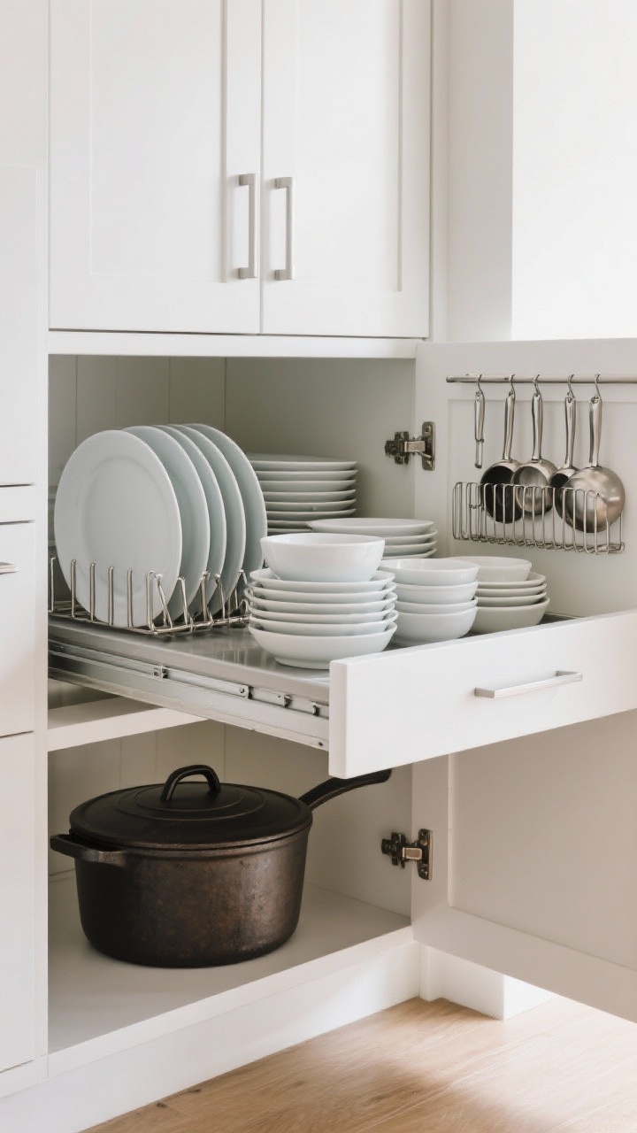 A medium shot of a lower cabinet and deep drawer combo showcasing pro-level dish and cookware storage: in the drawer, plate holders/peg system securing large plates, small plates, and bowls in tidy stacks; in the adjacent cabinet, vertical file-style dividers housing frying pans and sauté pans; the heaviest cast iron and Dutch oven stored low; inside the door, a rail system neatly holding pot lids, plus a compact lid rack creating a lineup. Matte white cabinetry, brushed metal organizers, gentle natural light. Mood: orderly, zero-avalanche, photorealistic.