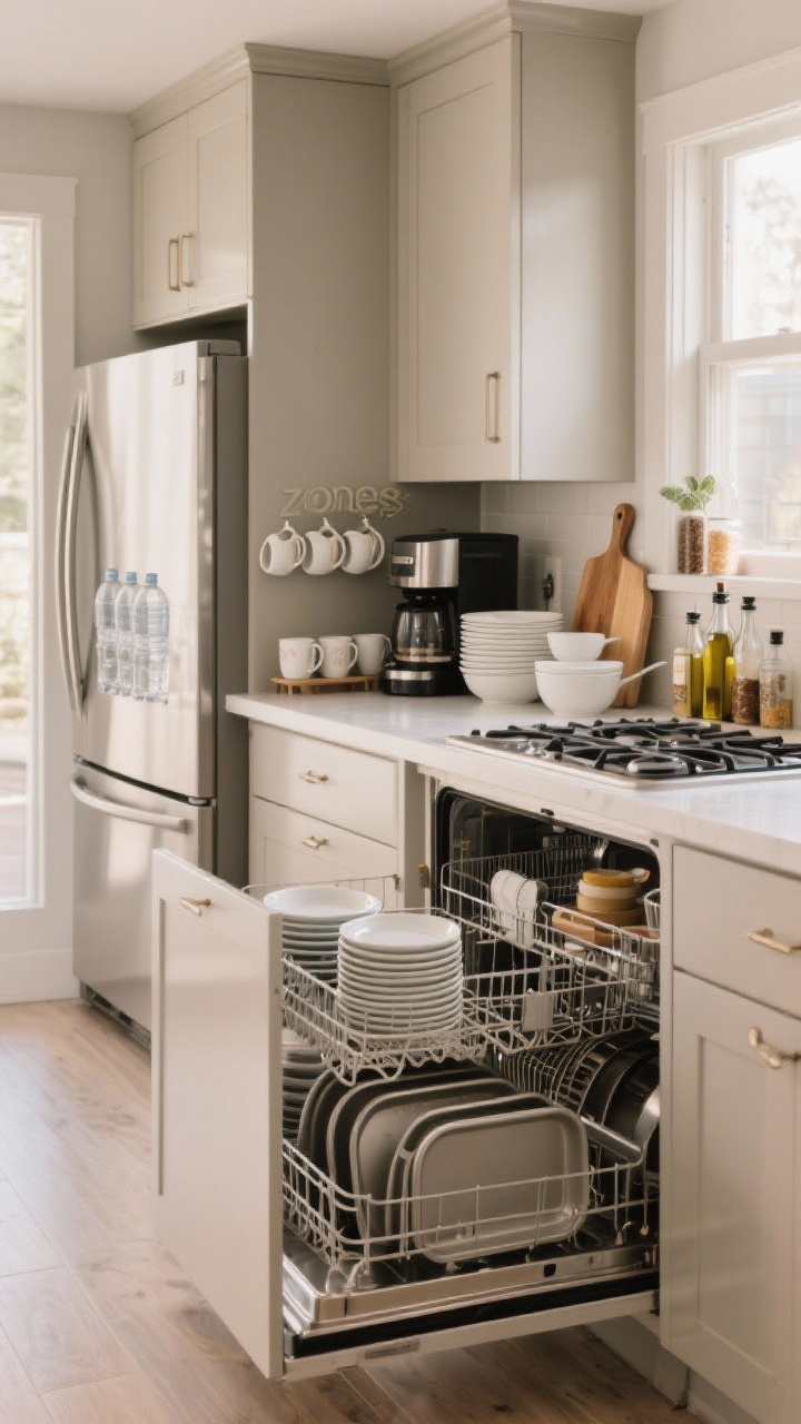 A wide, corner-angle shot mapping visible kitchen “zones”: near the dishwasher, stacks of daily plates and bowls and a row of mugs; a coffee maker with mugs above as a drink station; by the fridge, water glasses neatly arranged; near the stove, oils and spices accessible but not directly above; on the main counter, prep essentials like mixing bowls, measuring cups, and cutting boards; in a lower cabinet, bake zone items (sheet pans, cake tins, cooling racks) stored vertically. Neutral cabinetry, soft morning light, clear traffic flow lines implied by placement. Mood: efficient and calm, photorealistic.