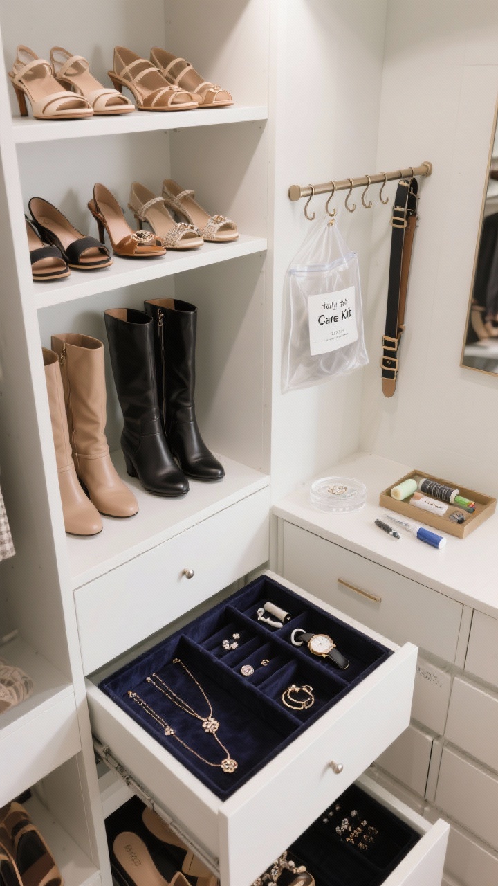 Closeup, angled detail of the final 10%: shoe shelves with pairs arranged heel-to-toe to maximize space, a riser doubling storage for flats and sandals, tall boots upright with forms inserted; adjacent drawer pulled out with velvet and acrylic jewelry trays keeping necklaces and rings untangled, a rail with belt hooks, and a small “daily dish” tray holding watch and earbuds; labeled garment bag hanging nearby and a clear pouch “Care Kit” (lint roller, fabric shaver, stain stick, mini sewing kit); crisp lighting and meticulous detail.