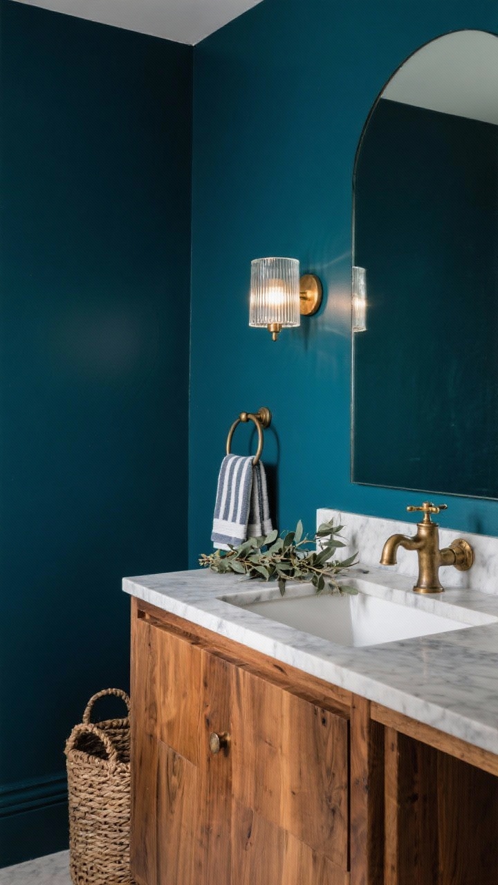 Closeup bathroom composition with saturated ink/navy blue walls with slight teal undertone, aged brass faucet and hooks, honed stone or marble/quartz counter at a freestanding vanity in natural oak (or painted to match the walls), arched mirror, reeded glass sconce casting soft light, woven hamper visible at frame edge; striped hand towels and a eucalyptus bundle add texture; moody spa-like lighting, photorealistic.