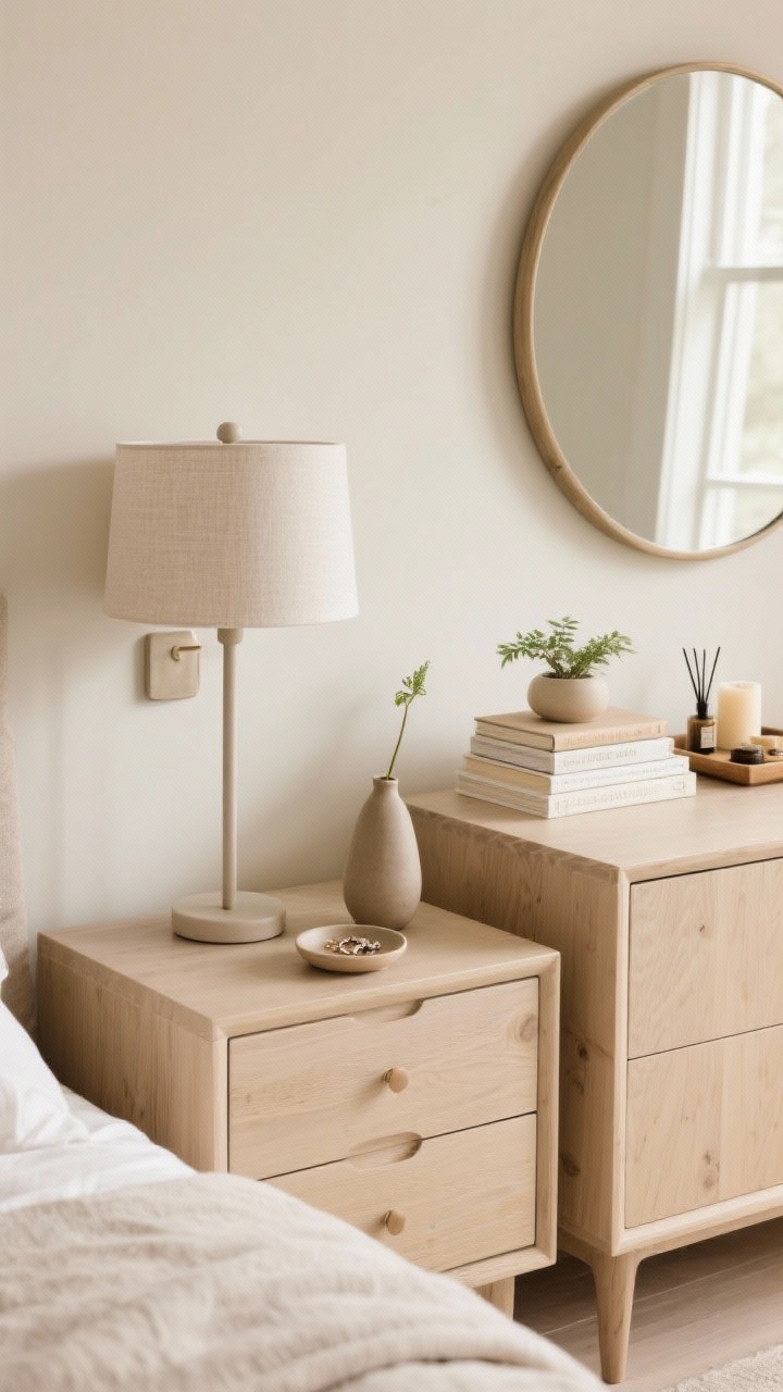 Closeup detail: A nightstand styled by formula—one slim lamp or sconce, one small catchall dish for jewelry, one vertical element like a petite vase with a single stem, and at most two books. Adjacent dresser vignette: round mirror above, grouped threes (stack of books, small plant, candle/diffuser) on a tray to corral items. Warm neutral tones, refined textures (matte ceramic, light wood grain, linen), and gentle natural light enhancing surface clarity.