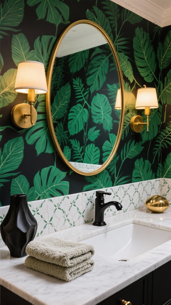 Closeup detail in a powder room: peel-and-stick botanical wallpaper with emerald leaves on a deep background; gold-rimmed oval mirror stuck over the existing mirror using command strips, reflecting pattern; plug-in sconce pair flanking the mirror with warm glow; matte black adhesive faucet covers on the existing faucet (if allowed) and sculptural accessories on the vanity; textured hand towels folded neatly; hint of patterned peel-and-stick floor tiles; palette of emerald, black, brass, crisp white; boutique drama.