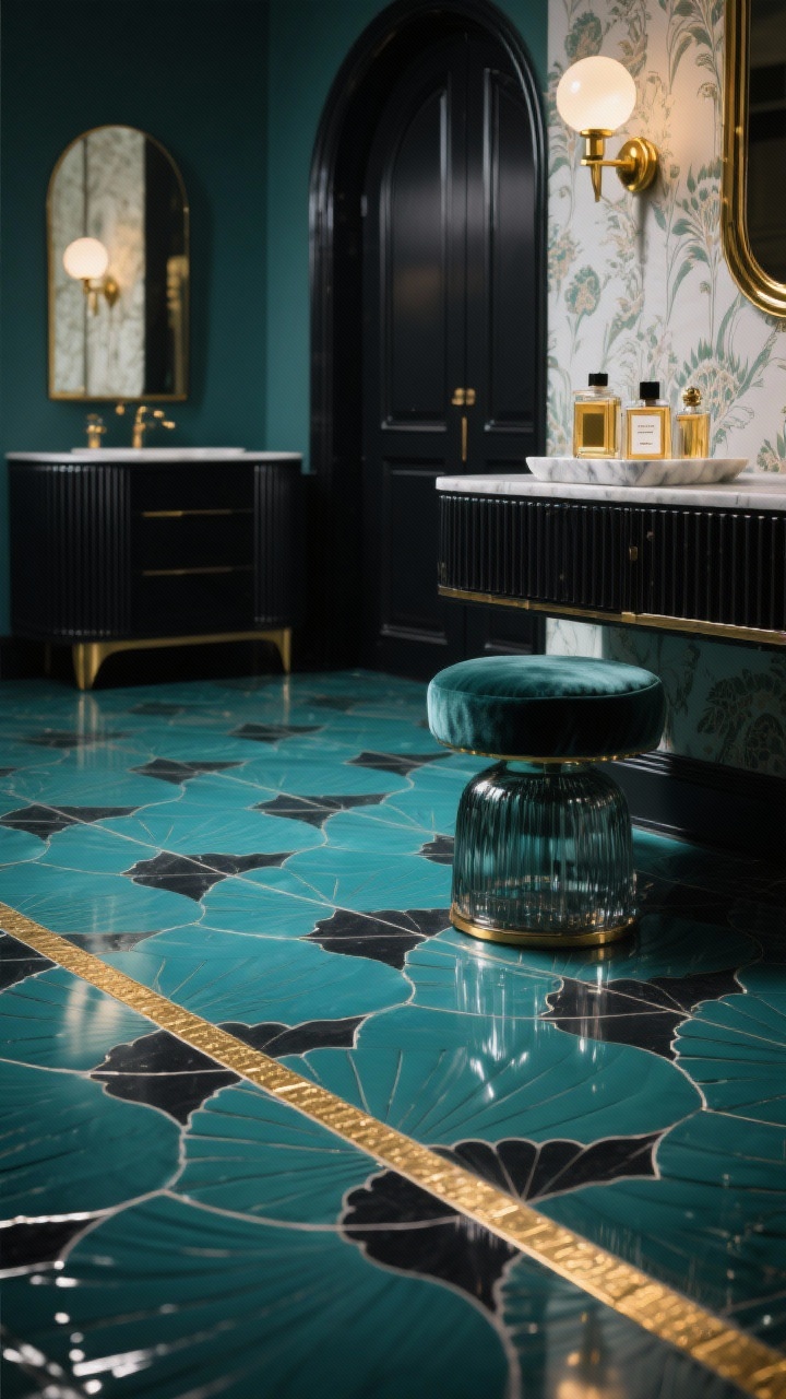 Closeup detail shot, Art Deco Glam: photorealistic floor of deep glossy teal fan-scale tiles with charcoal grout defining scalloped curves; thin brass Schluter strip edging the floor catching light. In background soft focus: black lacquer vanity with fluted doors, arch-top mirror, globe sconces with gold details; subtle deco wallpaper on one wall. Accents hinted: velvet stool leg, smoked glass jars, marble tray with perfume bottles. Dramatic, moody lighting with highlights on gold edges.