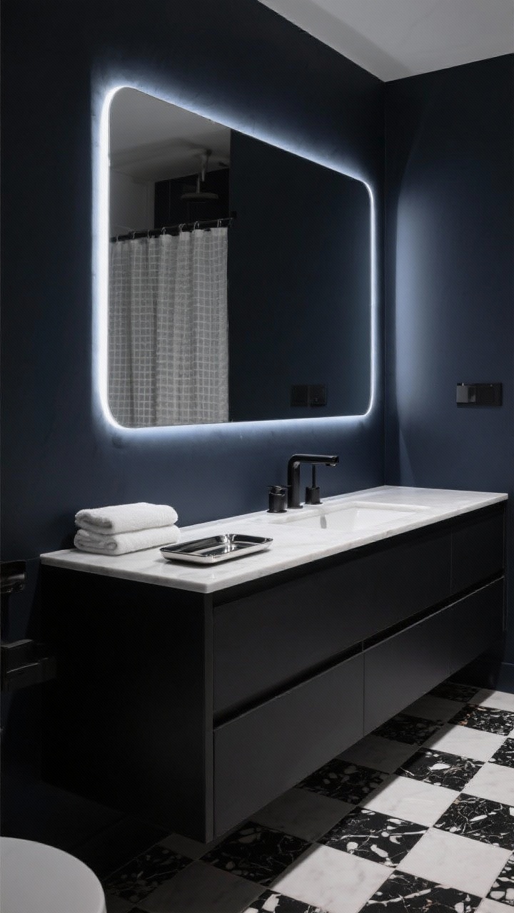 Closeup detail shot, dramatic angle: Monochrome bathroom vignette with deep charcoal/inky navy wall and a mirror framed by integrated LED strips creating a futuristic glow. Matte black vanity below a pure white quartz countertop for stark contrast. Black or gunmetal fixtures maintain the dark theme. Surface styling includes crisp white towels, a waffle shower curtain blurred in background, and a single chrome tray as the lone reflective accent. Floor hint: black-and-white checkerboard/terrazzo with dark chips peeking in. High-contrast, moody illumination.