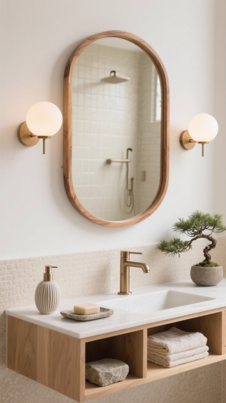 Closeup detail shot, slightly angled: A rounded rectangular mirror with a slim natural oak frame above a pale oak floating vanity, set against warm white walls. Textured beige shower tiles blur softly in the background. Brushed nickel/champagne bronze faucet with gentle sheen. On open cubbies: neatly folded linen towels and a small stone tray. Opal globe sconces flank the mirror, casting a diffuse, tranquil light. Foreground styling includes a ribbed ceramic soap dispenser and a small bonsai/fern for Japandi serenity.
