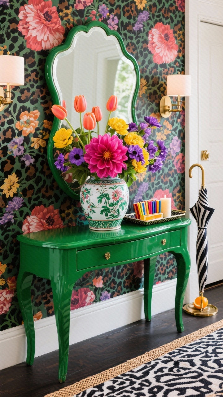 Closeup/detail shot, straight-on at console height: An emerald green lacquered console topped with a hand-painted chinoiserie vase bursting with fuchsia dahlias, coral tulips, yellow ranunculus, and violet anemones. Behind it, a bold graphic wallpaper (leopard or oversized florals) as a dramatic backdrop. Crop in a curved mirror with a scalloped frame, a patterned runner edge, and a striped umbrella stand to the side. Add a petite tray with colorful matchbooks and a citrusy candle. Palette: emerald, fuchsia, coral, yellow, violet, with black-and-white accents. Materials: lacquer, porcelain, brass, woven fibers. Bright, punchy entryway lighting, maximalist energy, photorealistic.