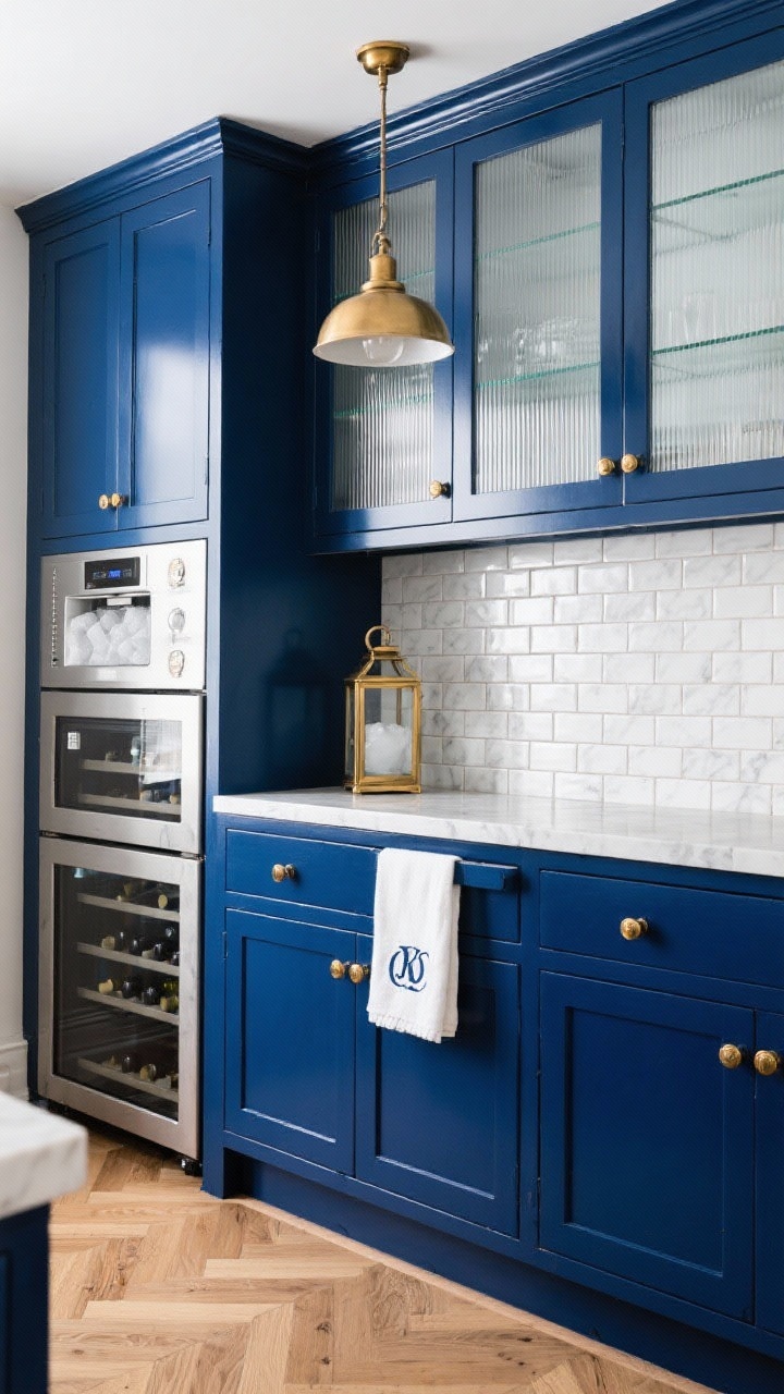 Closeup detail shot, straight-on crop: The classic blue-and-brass butler’s bar showcasing glossy navy lacquered cabinet fronts with lacquered brass knobs, and a vertical-stacked white marble subway tile backsplash. A ribbed-glass upper cabinet softly obscures contents. In frame, the edge of a white oak herringbone floor. Include the face of a built-in ice maker and a glimpse of a double-zone wine fridge. Style with a monogrammed bar towel draped neatly and the lower edge of a small brass lantern pendant just entering the top of frame. Crisp, balanced lighting to emphasize sheen and texture.