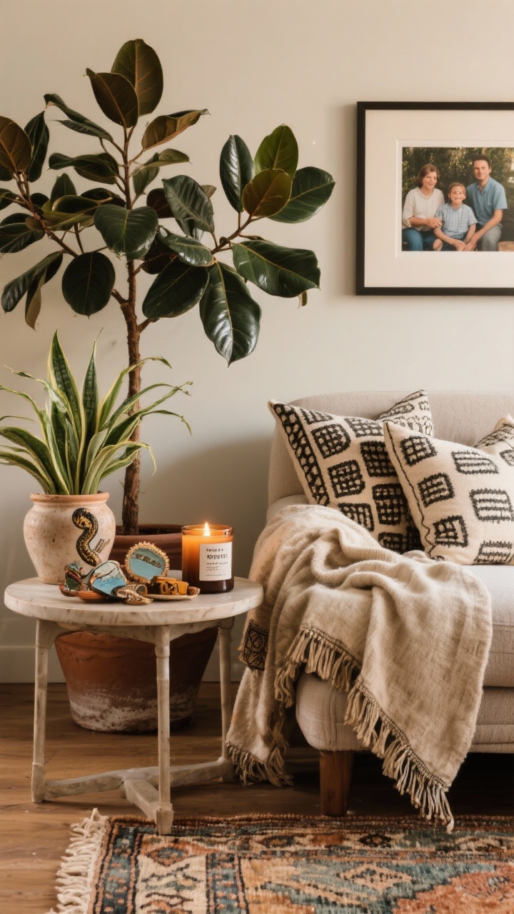 Closeup/detail: Soulful finishing touches—cluster of plants (fiddle leaf fig or olive tree in a ceramic pot, plus a snake plant for low maintenance), a vintage rug edge visible, block-printed pillows on a sofa alongside a well-loved heirloom throw. On a side table, a candle or diffuser labeled with a seasonal scent (woodsy), and a small arrangement of personal artifacts like travel finds and a framed family photo in a chic frame. Materials and colors subtly repeated at least three times within the frame. Warm, cozy lighting, photorealistic.