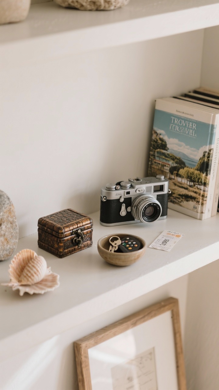 Closeup, overhead perspective of a single shelf vignette curated with meaning: a vintage camera beside a travel book, a beautiful lidded box used for remotes, a shallow bowl for keys, and a framed ticket stub; repeated organic motif shown by a small shell echoed by a curved stone on another corner; restrained palette that matches the chosen vibe, allowing one hero piece (the vintage camera) to shine while everything else supports; soft, diffused daylight for a thoughtful, personal mood.