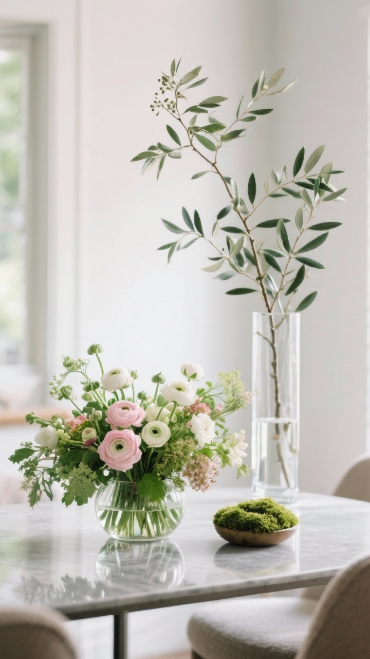Closeup, straight-on focus on living greenery: a low floral arrangement with ranunculus and seasonal blooms centered for conversation, plus an alternative tall, airy branch moment (olive or eucalyptus) in a clear glass, tall narrow vase slightly off-center for drama; include a small preserved moss bowl nearby for low-maintenance texture; round vase softening a sharp-edged table; fresh, lifelike color with natural greens and soft pinks/whites, bright natural daylight with soft reflections in the glass