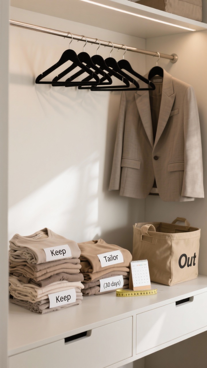 Closeup, straight-on view inside a closet: a trio of labeled piles on a clean bench—“Keep” stack of well-fitting neutral tops, a “Tailor (30 days)” stack with a blazer beside a small calendar reminder card and measuring tape, and an “Out” bin with a donation tote; nearby, a clothing rod shows hangers flipped backward except a few turned forward per the hanger test; soft natural light, muted neutrals with black velvet hangers, no people, photorealistic.