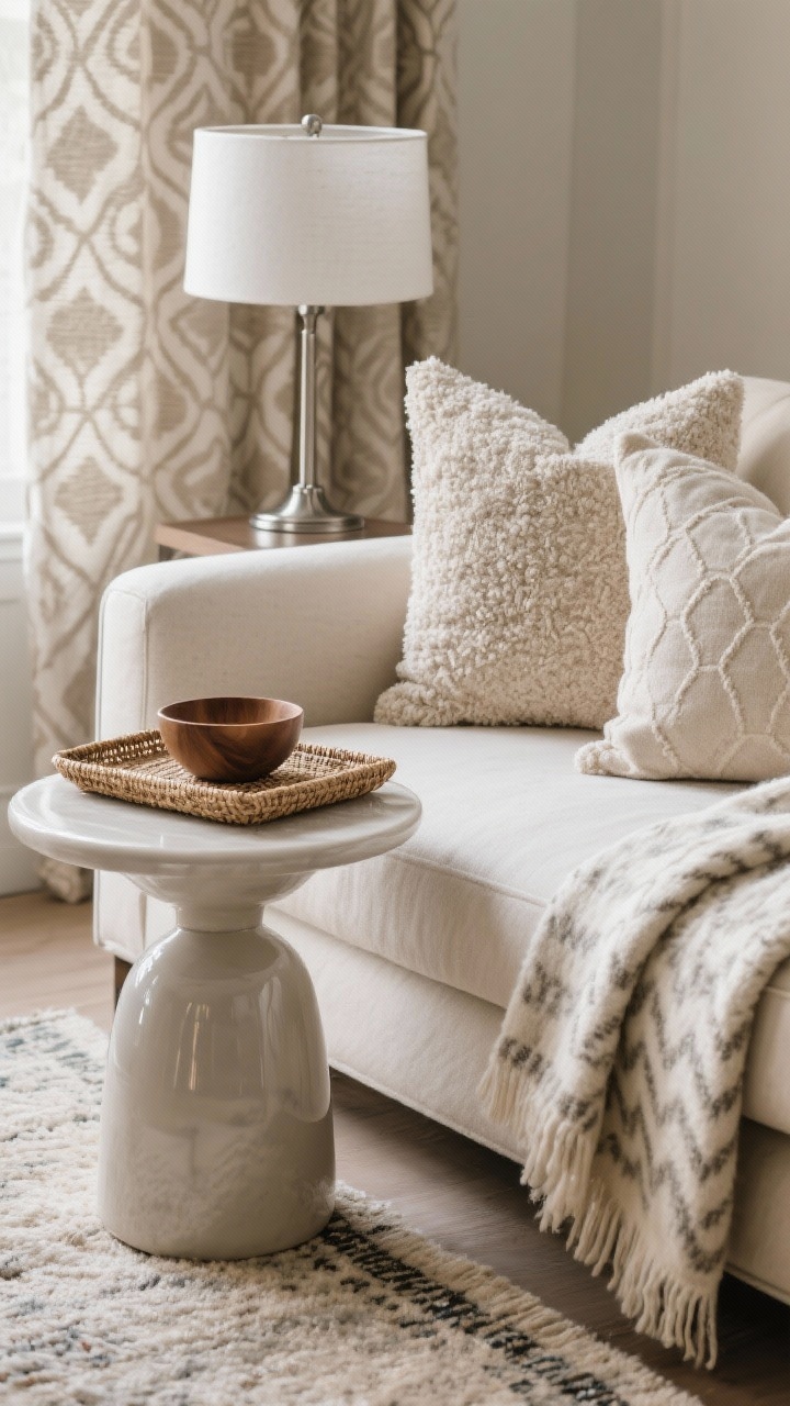 Closeup texture study on a sofa corner: nubby bouclé and linen pillows in soft neutrals, a smooth shiny ceramic side table with a metal lamp base, an organic woven jute tray and a small wood bowl on the arm or side table, and layered textiles—a wool throw draped over a cotton one. Keep patterns edited: one hero pattern hinted in the rug or curtain edge, one supporting pattern on a pillow, and one subtle pattern on the throw. Soft, diffused lighting to accent material depth.