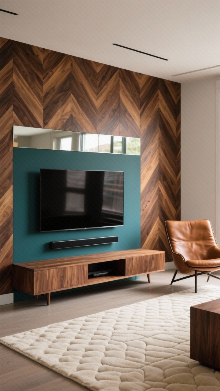 Corner-angle medium shot, den media wall: chevron-patterned walnut panels framing a floating, low-slung walnut media console; TV mounted flush for a built-in look; palette notes of walnut, deep teal, cream, and matte black; a cognac leather lounge chair angled toward the console; hand-tufted cream rug with subtle geometric lines; smoked mirror strip above the console bouncing soft light; warm, refined ambiance, photorealistic, no people.