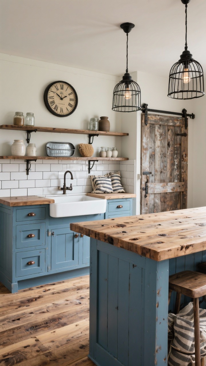Corner-angle medium shot, farmhouse-industrial mix: steel blue shaker cabinets with oil-rubbed bronze hardware; reclaimed wood island top showing knots and grain; white apron-front sink; white subway tile backsplash with dark grout; open shelving with iron brackets holding stoneware and mason jars; sliding barn door in weathered wood; factory-inspired black pendants with cage details; distressed wide-plank oak flooring; galvanized metal trays, striped grain-sack textiles, and an oversized wall clock. Warm, tactile, slightly gritty ambiance, photorealistic.