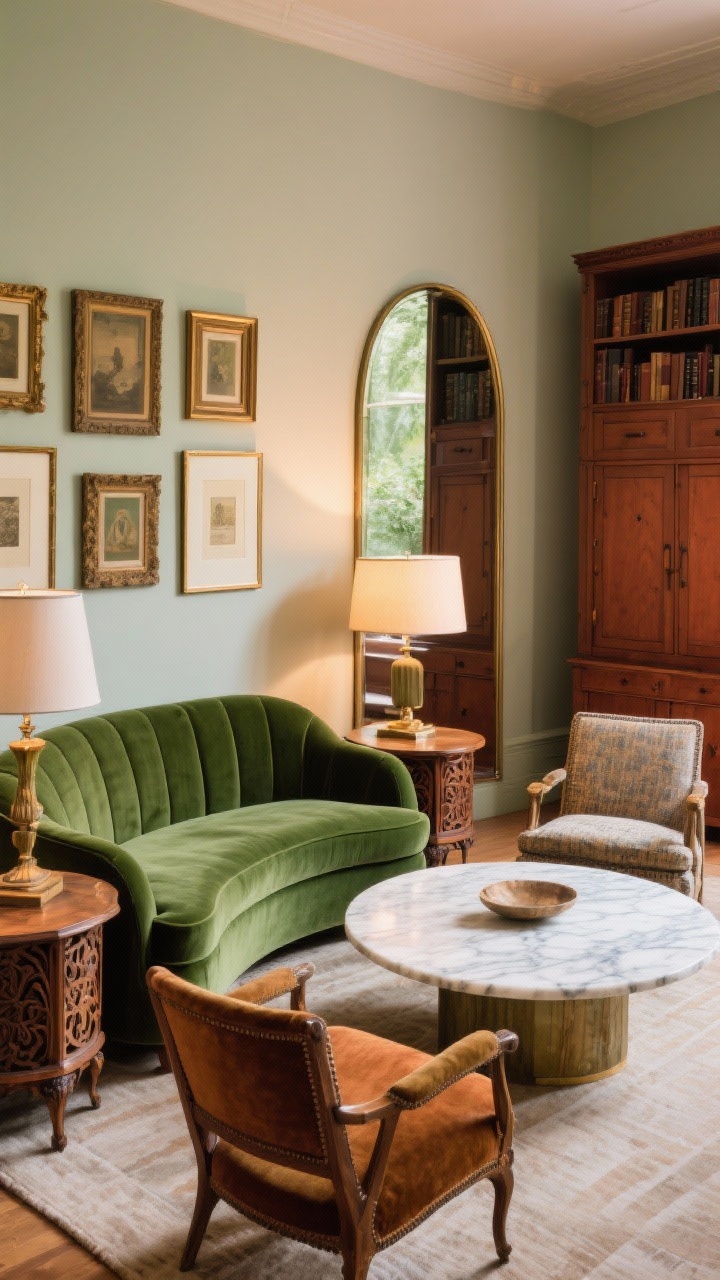 Corner angle medium shot of a vintage eclectic living room zoned by shape and height: a curved velvet sofa angled toward a round marble coffee table; two mismatched vintage chairs that share tone/texture; a cohesive gallery wall with consistent frames; a tall arched floor mirror echoing the sofa’s curve; carved wood side tables with 24–28 inch table lamps; a high library cabinet with closed storage; palette of forest green, rust, ivory, and antique gold; warm, layered lighting.